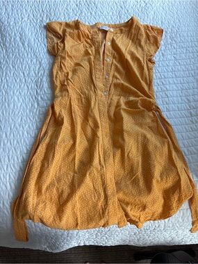 LOFT Mustard Yellow Polka Dot Cap-Sleeve Dress